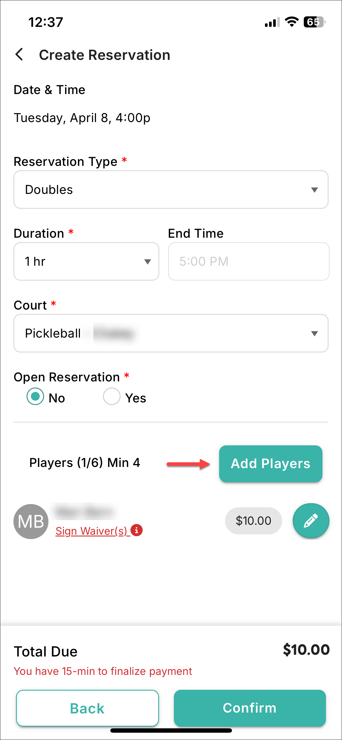 Create Reservation ekran s detaljima i Total Due