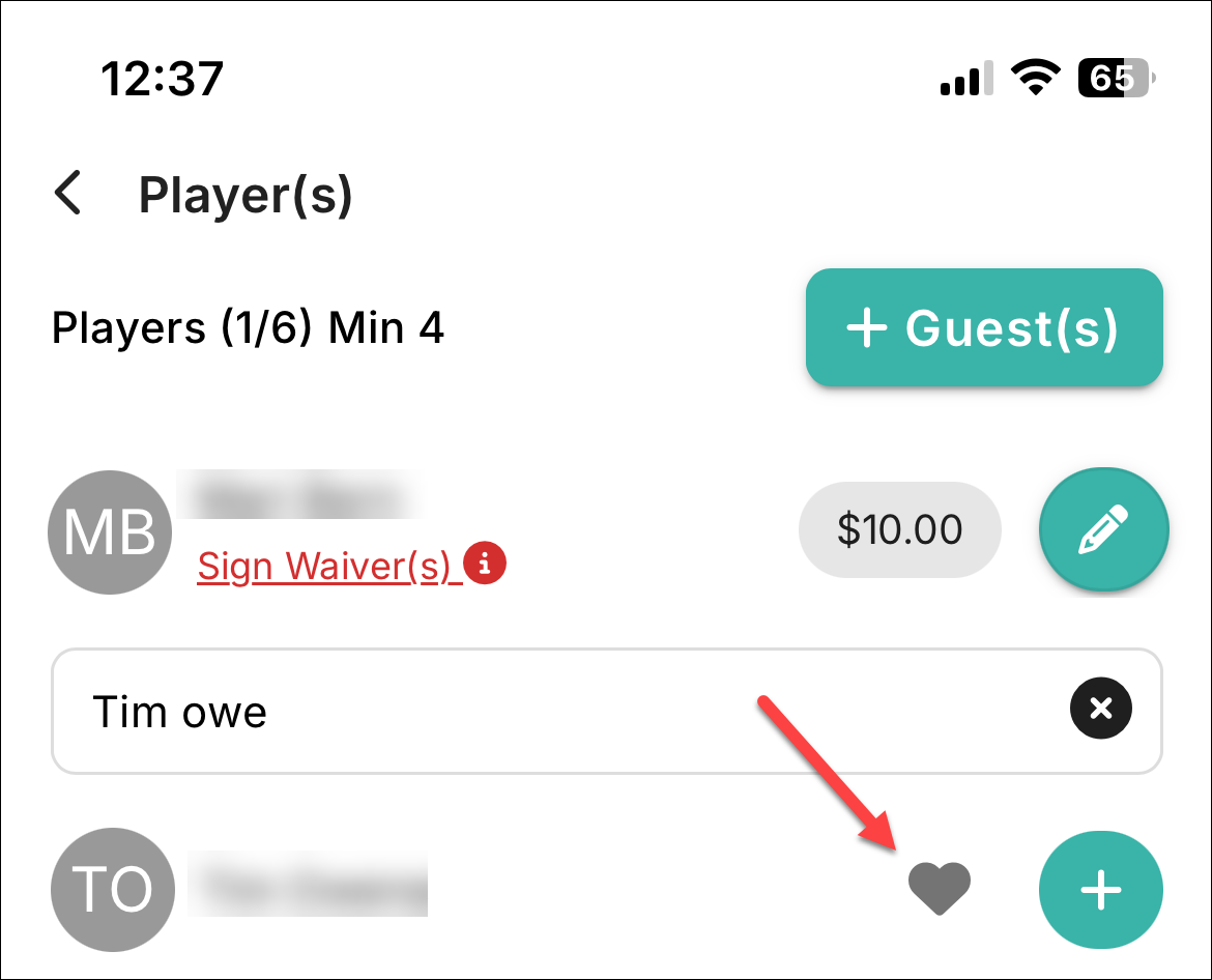 Dodavanje suigrača — Players ekran s Favorites opcijom