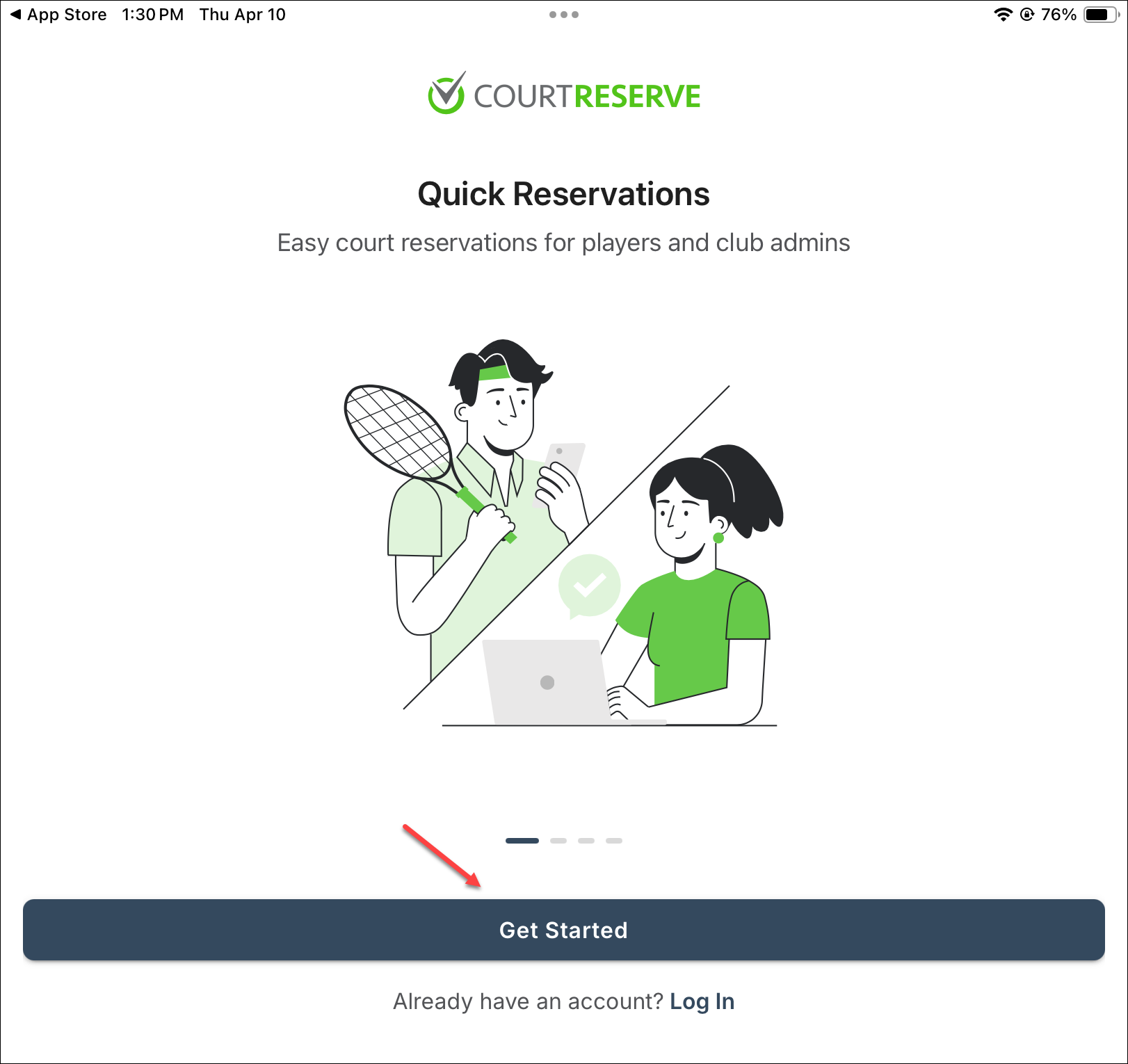 CourtReserve početni ekran — Get Started gumb